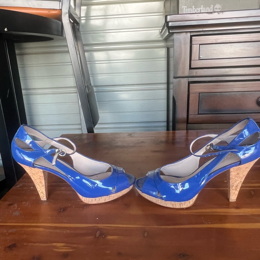 Franco Sarto Blue and Tan Heels with Mary Jane Strap